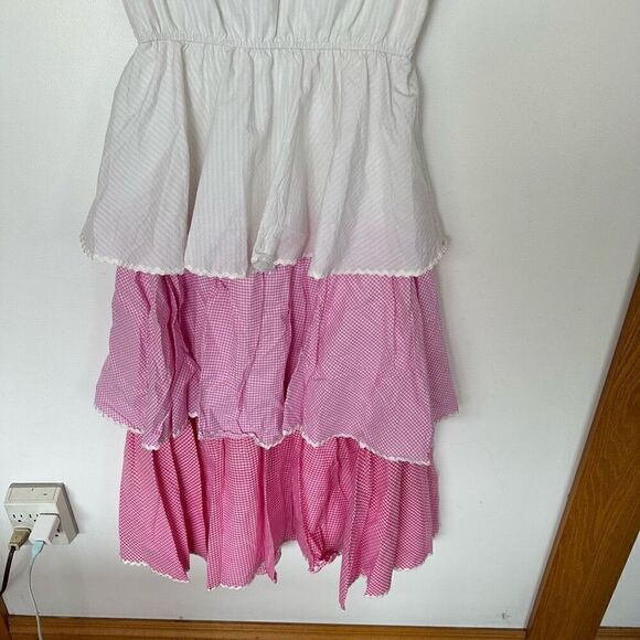 JessaKae Eva Women’s Pink White Gingham Tiered Layered Seersucker Short Sleeved - Picture 7 of 8